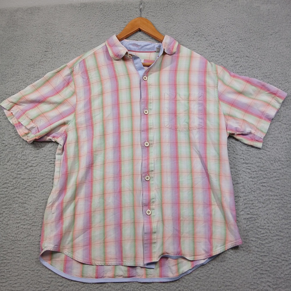 Tommy Bahama Plaid Short Sleeve Shirt Men's L Pastel Pink Green Button Front